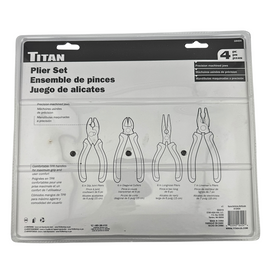 Titan plier set packaging with illustrations of four different pliers on a white background