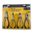 Titan plier set packaging with four pairs of pliers on a yellow background