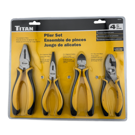 Titan plier set packaging with four pairs of pliers on a yellow background