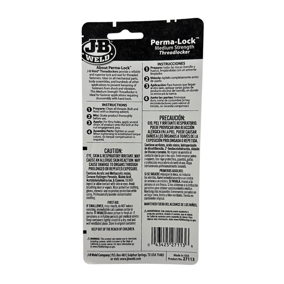 J-B Weld Perma-Lock threadlocker packaging with text and branding on a white background