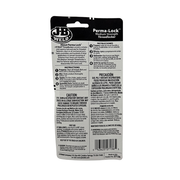 J-B Weld Perma-Lock threadlocker packaging with instructions and safety information on a white background