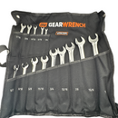 Set of wrenches in a GearWrench tool roll on a white background